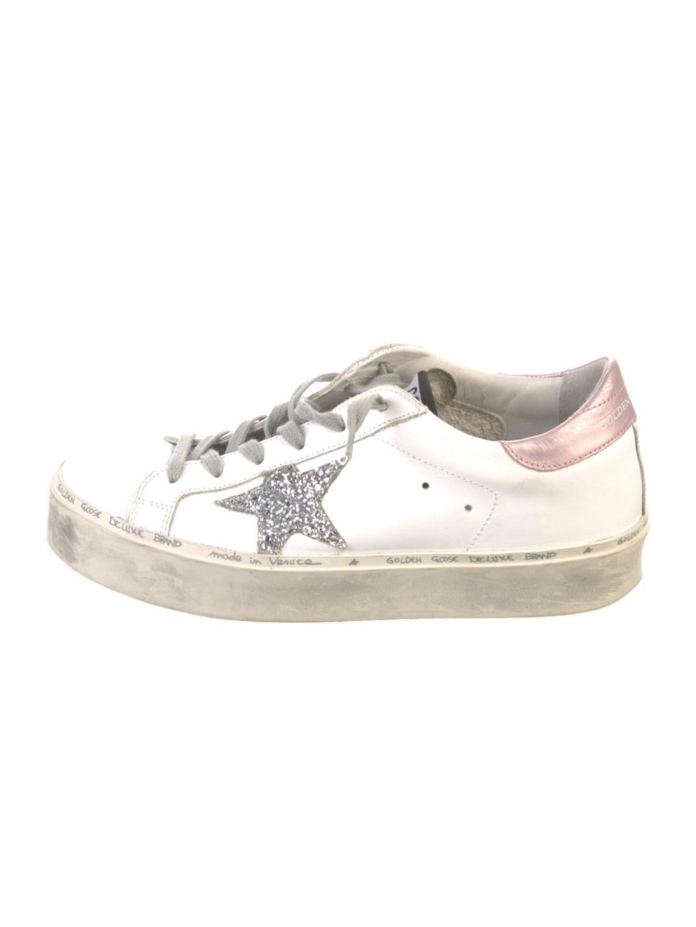 Golden Goose White Leather Sneaker with Silver Glitter Star and Pink Heel